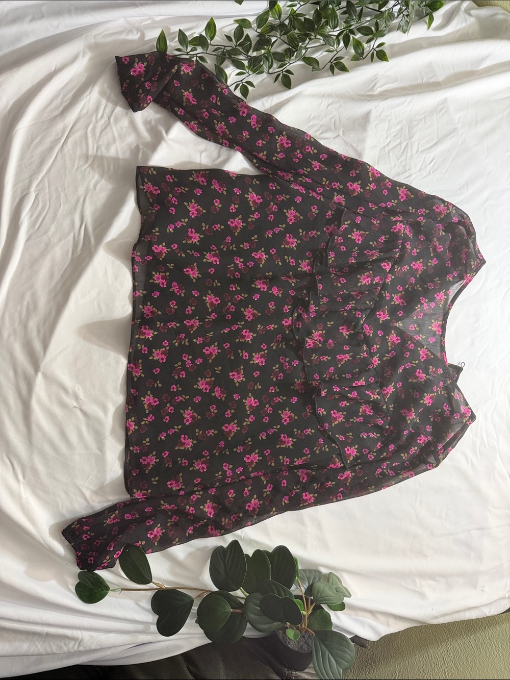Express Black Blouse with Pink Floral Ruffle Detail